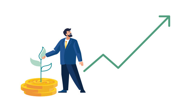 Businessman analyzes money income dollar coins, bar chart, gold pennies, cents, green sprout, up arrow. Business finance, people Economic growth, investment, investor, bank, poster Vector illustration