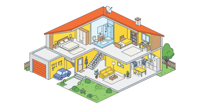 Isometric cutaway illustration of a house with interior details furniture and a garden setting home view drawing architectural rendering