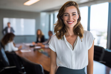 Fototapeta premium Young attractive corporate manager, elegant skirt, glass boardroom, executive leadership conference, collaborative professionals, workplace success.