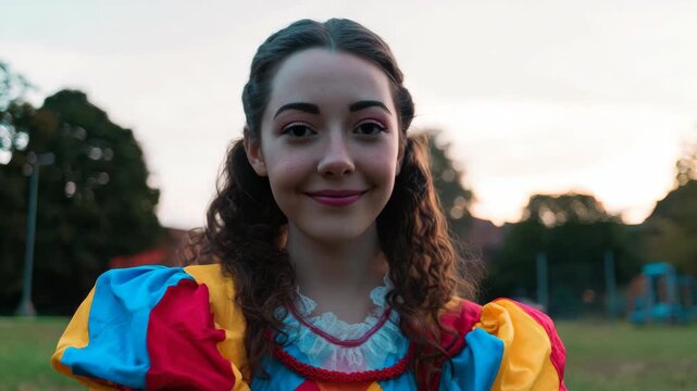 A joyful of a girl dressed as a jester in a park setting at sunset.