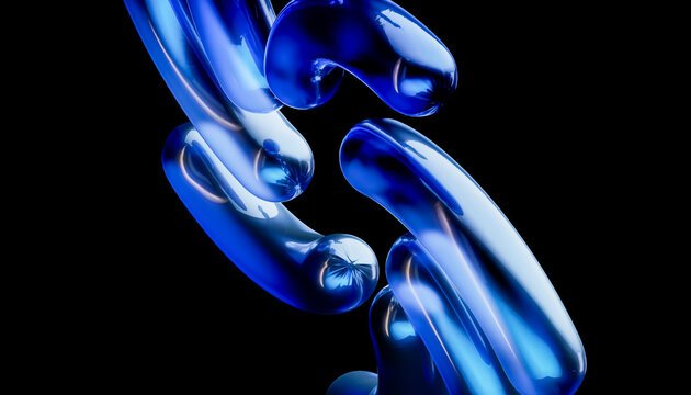 3D blue liquid hooks connect in a suspended composition