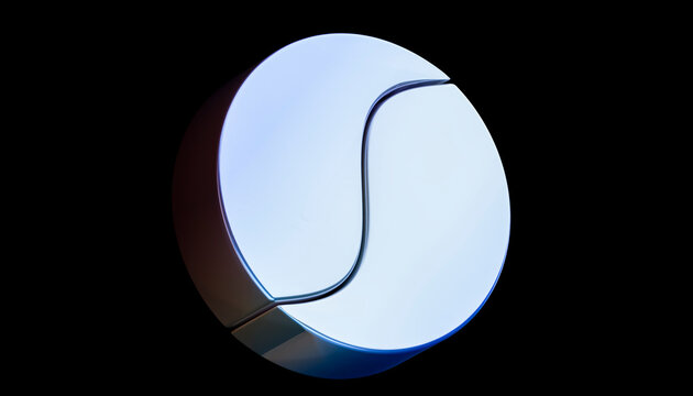 3D silver disc emblem presents a smooth futuristic symbol