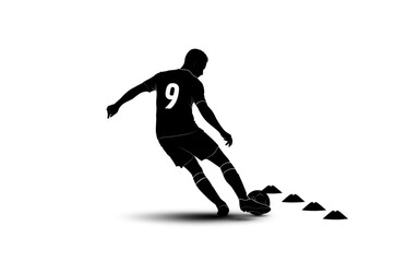 Obraz premium Soccer player in silhouette kicking a ball during training drill with cones Isolated on transparent background