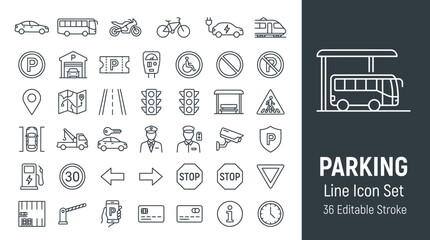 parking, transport, vector, icons, line, outline, stroke, editable, car, motorcycle, bicycle, bus, garage, traffic, light, cone, police, officer, arrow, stop, sign, speed, limit, road, symbol, vehicle © cloud