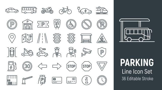 parking, transport, vector, icons, line, outline, stroke, editable, car, motorcycle, bicycle, bus, garage, traffic, light, cone, police, officer, arrow, stop, sign, speed, limit, road, symbol, vehicle
