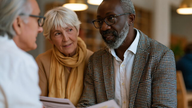 Health insurance navigator seated beside a confused senior couple helping them compare coverage plans on printed documents in a community center, benefits counseling, Medicare