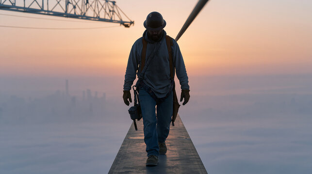 Steel erection ironworker walking a narrow beam fifty stories above a foggy city skyline at dawn, safety harness clipped, rivet gun at hip, construction crane arm visible in