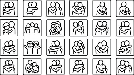 Fototapeta premium Hug and Emotional Support Outline Icons Set, Family Care, Love, Compassion, Parenting, Mental Health and Relationship Line Vector Collection