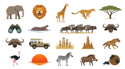 Obraz premium African Safari Wildlife Animals and Nature Elements Flat Design Vector Icons Set