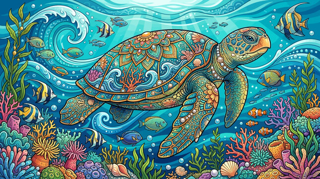 Colorful Mandala Sea Turtle Vector with Coral Reefs, Tropical Fish, Pearls and Ocean Waves