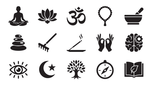 Yoga, meditation, and wellness icons, 15 black silhouette symbols