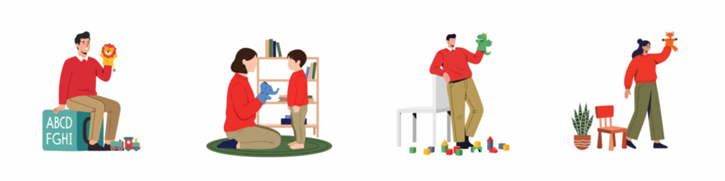 Set of flat illustrations showing teachers or parents playing with children using hand puppets in an early childhood education setting.