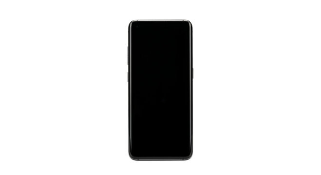 Modern smartphone with a sleek design and a blank black screen on a white background