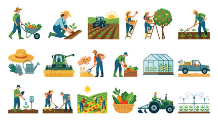 Naklejka premium Agriculture and Farming Flat Vector Icon Set with Farmers, Crops, Equipment, and Rural Life Illustrations