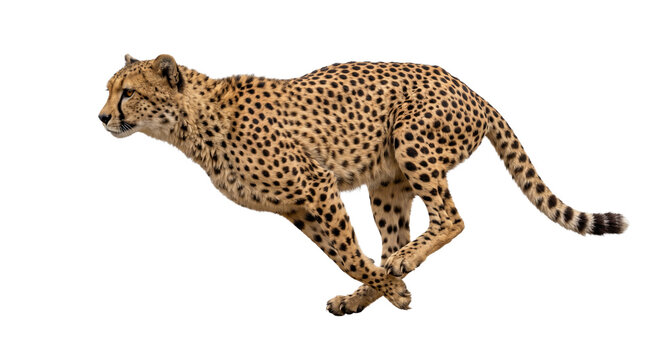 Fast cheetah running at full speed, isolated on a white background