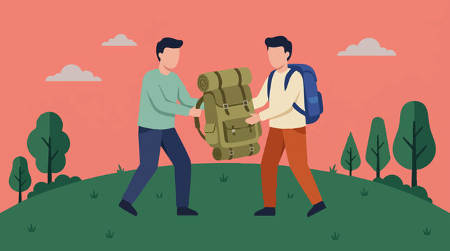 Two men sharing a large hiking backpack in a natural outdoor park setting