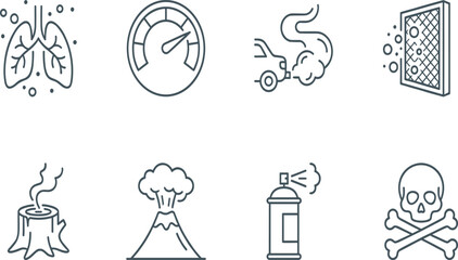 Naklejka premium Air Pollution and Carbon Emissions Line Icon Set Featuring Lungs, Gauge, Car Smoke, Air Filter, Volcano, Spray Can, and Skull Symbols