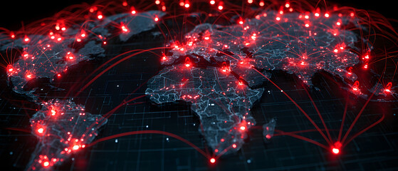 Obraz premium Digital world map featuring glowing red caution signs and highlighted network links to indicate cybersecurity risks along with global trade statistics