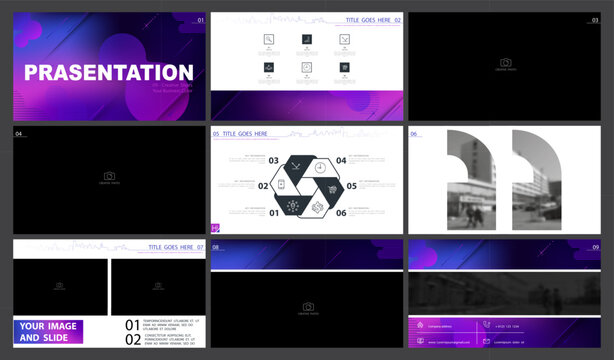 Business presentation template. Set, infographic elements, abstract purple design, white background. Office building, corporate photo, PowerPoint. Slideshow, annual report. Vector illustration
