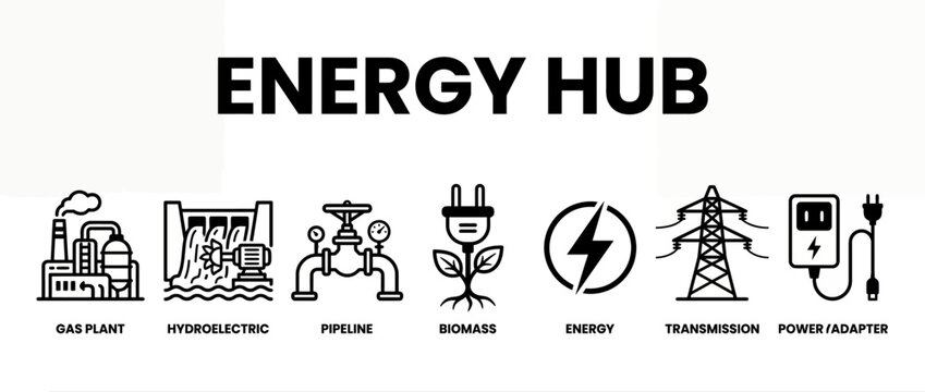 Energy hub icon set. Sustainable power generation and industrial utility infrastructure symbols.