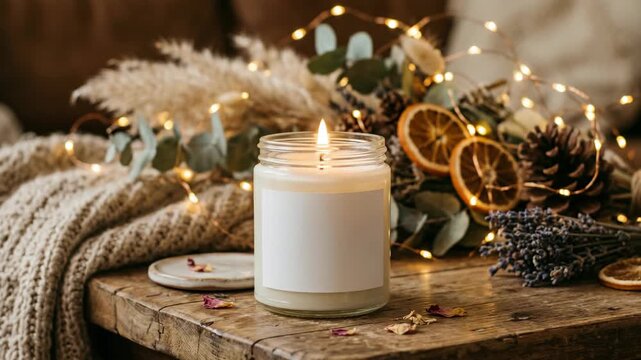 A warm and inviting ambiance is created by a lit white candle sitting on a wooden surface, surrounded by twinkling string lights, greenery, and dried flowers.