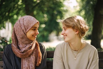 Fototapeta premium Two young women from different faiths connect in a bright outdoor scene, celebrating unity