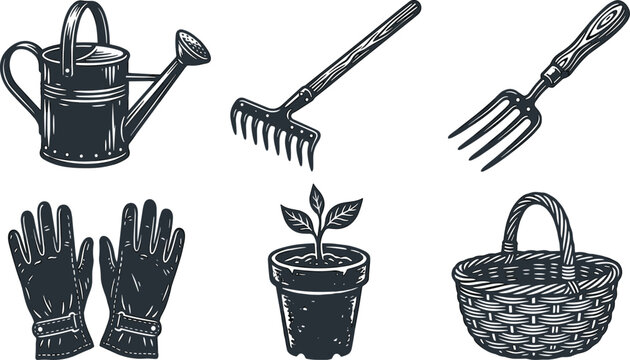 Vintage Gardening Tools Icon Set Featuring Monochrome Engraving Style Artwork of Watering Can, Rake, Pitchfork, Gloves, Plant Pot, and Wicker Basket Vector