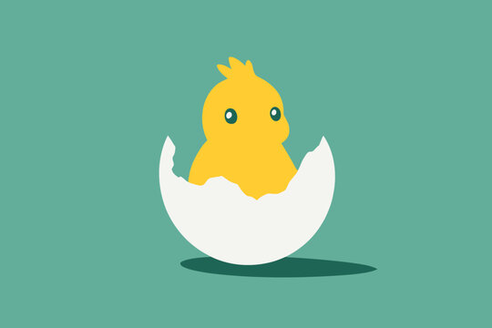 Cute yellow chick hatching from an eggshell on teal background