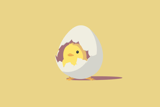Cute chick hatching from an eggshell with a bright yellow body