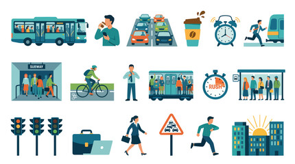 Fototapeta premium Flat Vector Illustration Set of Urban Daily Commute Elements, City Transportation, and Business Routine Icons