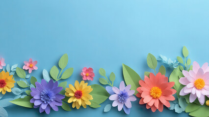 Fototapeta premium Vibrant paper flowers and green leaves form a decorative border on a light blue background, evoking spring's beauty.
