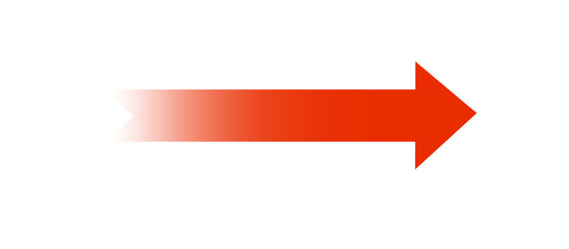 Bright red arrow pointing towards the right side featuring a smooth gradient fade effect and sharp triangular head design isolated as a high quality vector graphic illustration on transparent backgrou