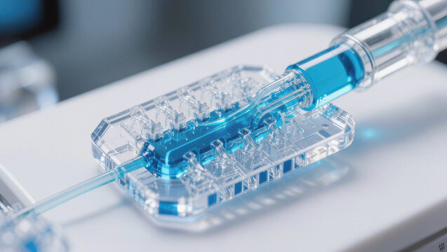Microfluidic device blue liquid transparent plastic laboratory syringe medical equipment scientific experiment clear chamber