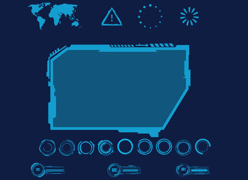 Futuristic digital hud interface elements with world map and loading bars on dark blue background.
