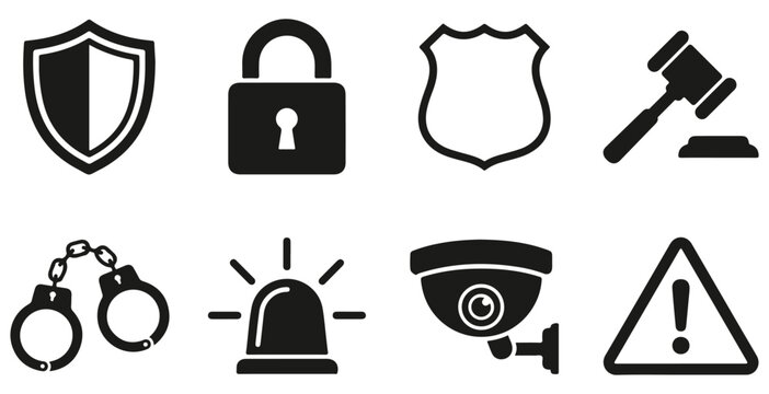 Set of security and law enforcement icons including shield, padlock, gavel, handcuffs, and surveillance camera