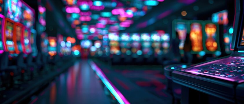 A dynamic wide-angle abstract blur photograph capturing the vibrant and beautifully colorful neon lights inside a modern electronic casino or sports betting lounge, creating a glowing bokeh effect 