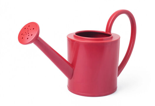 Red metal watering can for indoor and outdoor gardening isolated on white background with watering, gardening