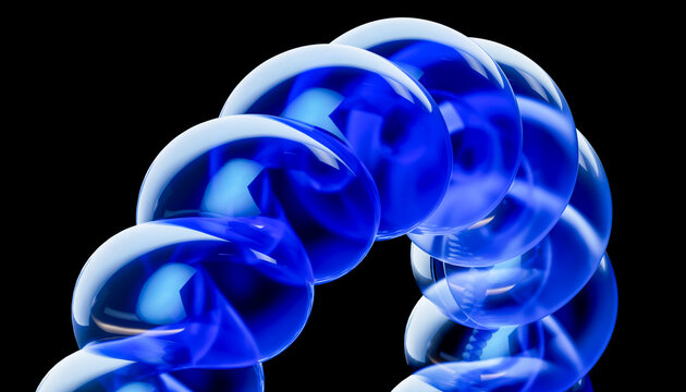 3D blue glass beads curve into a reflective segmented chain