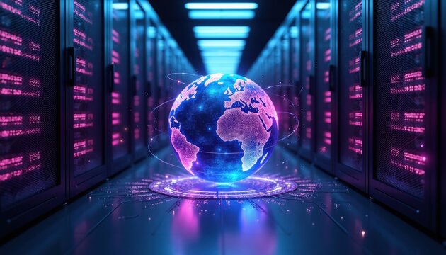 Glowing digital globe floats inside dark high tech server room. Neon blue purple light illuminates computer hardware cabinets with complex data network lines. Cyber earth model represents global
