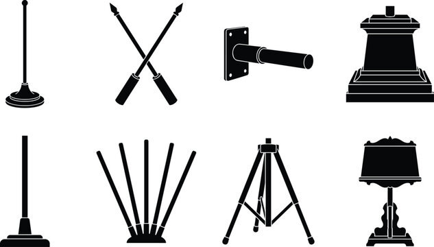 Set of black silhouettes featuring various flag pole bases, wall mounts, display stands, and ornamental furniture components