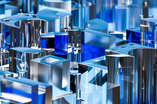 3D chrome architecture matrix forms a reflective blue cityscape