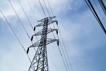 Fototapeta premium High voltage electric pole power line electric transmission tower background, technology energy clean ecosystem change green environment, substation construction pylon generator grid electricity.