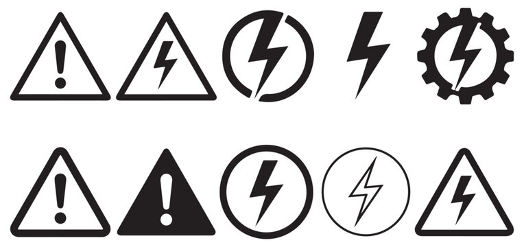 Set of electrical hazard warning signs and lightning bolt icons