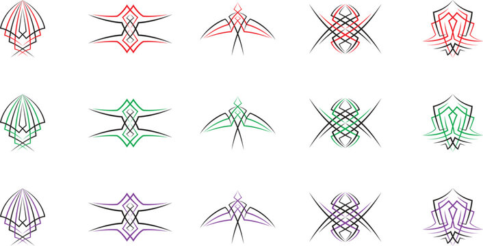 A collection of symmetrical horizontal pinstripe and vector wing ornaments for automotive styling.

Set of custom motorcycle and hot rod pinstriping elements in red green and purple colors.