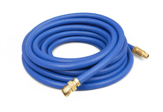 Coiled blue garden hose with brass fittings for outdoor watering isolated on white background, irrigation