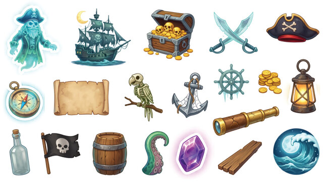Halloween Ghost Pirate 3D Sticker Set with Haunted Ship Treasure Chest and Spooky Ocean Elements