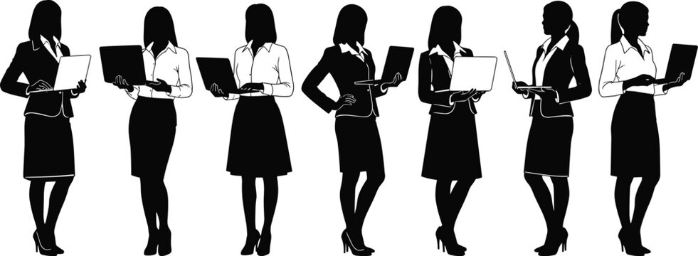 Set of businesswoman silhouettes holding laptops standing in different poses for corporate and remote work concepts