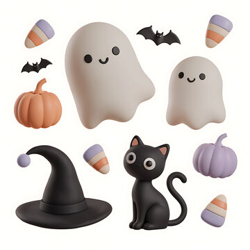 Cute 3D Halloween set: good ghosts, black cat, witch hat, pumpkins, bats and candies on white background