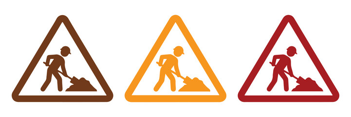 Set of three road work construction warning signs with a worker digging with a shovel © sefatahmed
