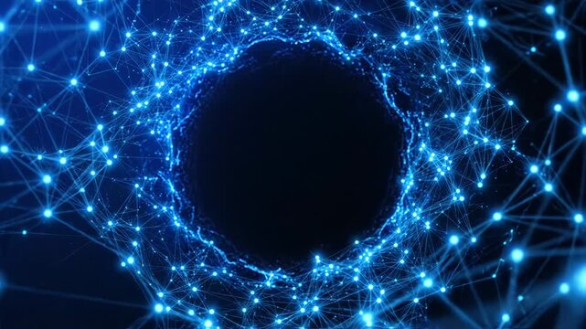 Abstract digital network connection with glowing blue nodes and lines forming a circular tunnel structure